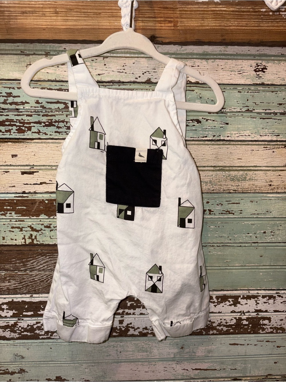 Turtledove London White Cotton Overalls with Green House Print and Black Pocket